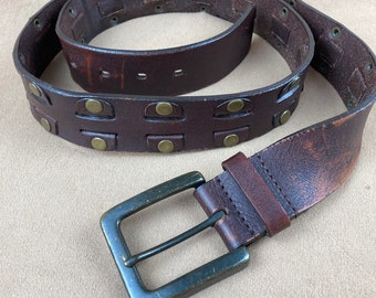 Brown Leather Boho Belt, Studded Leather Belt / FREE SHIPPING / Classic Biker Belt or Hippie Style with Brass Studs