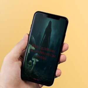 May include: A black smartphone displaying a digital book cover titled Death Cap Delusions: The Erin Patterson Case Unveiled by Philip Way, featuring a dark, moody illustration of mushrooms in a forest with a shadowy figure in the background.