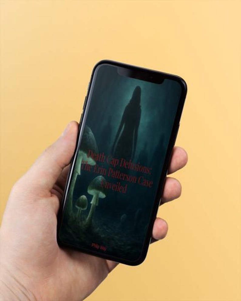 May include: A black smartphone displaying a digital book cover titled Death Cap Delusions: The Erin Patterson Case Unveiled by Philip Way, featuring a dark, moody illustration of mushrooms in a forest with a shadowy figure in the background.