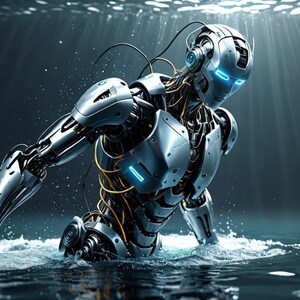 K&ouml;nnte beinhalten: Ein silberner und blauer Roboter mit leuchtend blauen Augen ist in Wasser getaucht. Der K&ouml;rper des Roboters besteht aus Metall und hat ein komplexes Design. Die Arme des Roboters sind ausgestreckt und seine H&auml;nde sind im Wasser versunken.