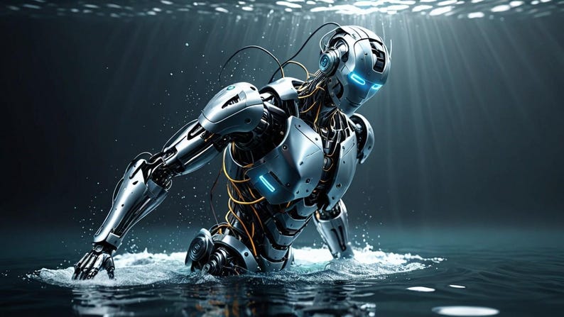 K&ouml;nnte beinhalten: Ein silberner und blauer Roboter mit leuchtend blauen Augen ist in Wasser getaucht. Der K&ouml;rper des Roboters besteht aus Metall und hat ein komplexes Design. Die Arme des Roboters sind ausgestreckt und seine H&auml;nde sind im Wasser versunken.