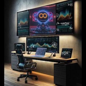 May include: A modern home office with a black desk and chair. The desk has three computer monitors displaying graphs and data, a laptop, and a smaller laptop. The monitors are lit with a warm white light. The desk is on a wooden floor.