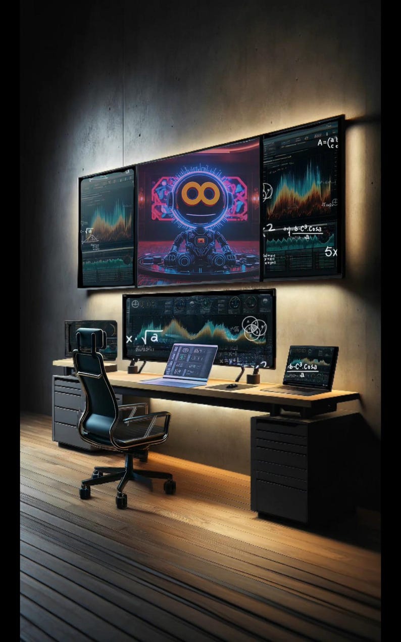 May include: A modern home office with a black desk and chair. The desk has three computer monitors displaying graphs and data, a laptop, and a smaller laptop. The monitors are lit with a warm white light. The desk is on a wooden floor.