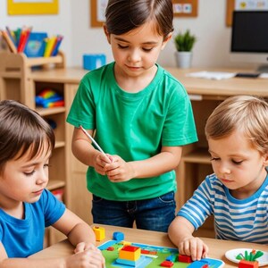 Op de afbeelding: Drie kinderen spelen een bouwspel met kleurrijke houten blokken op een blauwe en groene speelmat. De blokken zijn in een patroon op de mat gelegd. De kinderen zitten aan een tafel in een klaslokaal.