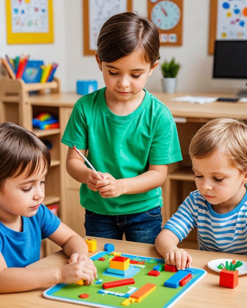 Op de afbeelding: Drie kinderen spelen een bouwspel met kleurrijke houten blokken op een blauwe en groene speelmat. De blokken zijn in een patroon op de mat gelegd. De kinderen zitten aan een tafel in een klaslokaal.