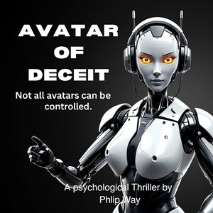 Op de afbeelding: Een digitale afbeelding van een vrouwelijke robot met een wit en zwart ontwerp, een koptelefoon en feloranje ogen. De tekst luidt "AVATAR OF DECEIT" en "Not all avatars can be controlled." Daaronder staat "A psychological Thriller by Phlip Way."