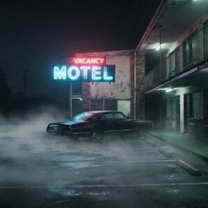May include: A dark vintage saloon car parked in front of a motel building at night. A glowing neon sign displays the word MOTEL in blue and VACANCY in red. Thick fog covers the ground around the vehicle, and the motel features a series of dark doors.