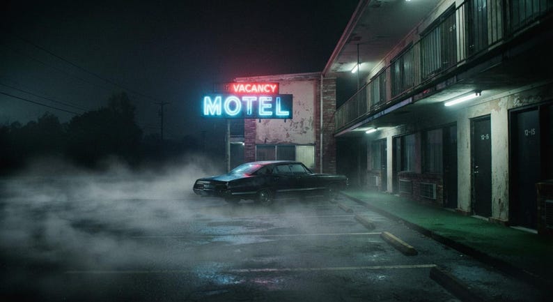 May include: A dark vintage saloon car parked in front of a motel building at night. A glowing neon sign displays the word MOTEL in blue and VACANCY in red. Thick fog covers the ground around the vehicle, and the motel features a series of dark doors.