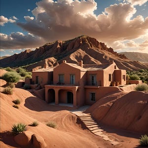 May include: A terracotta-colored house with a tiled roof sits nestled in a desert landscape. The house has a large porch with arches and a set of stairs leading down to the sandy ground. The sky is blue with fluffy white clouds.