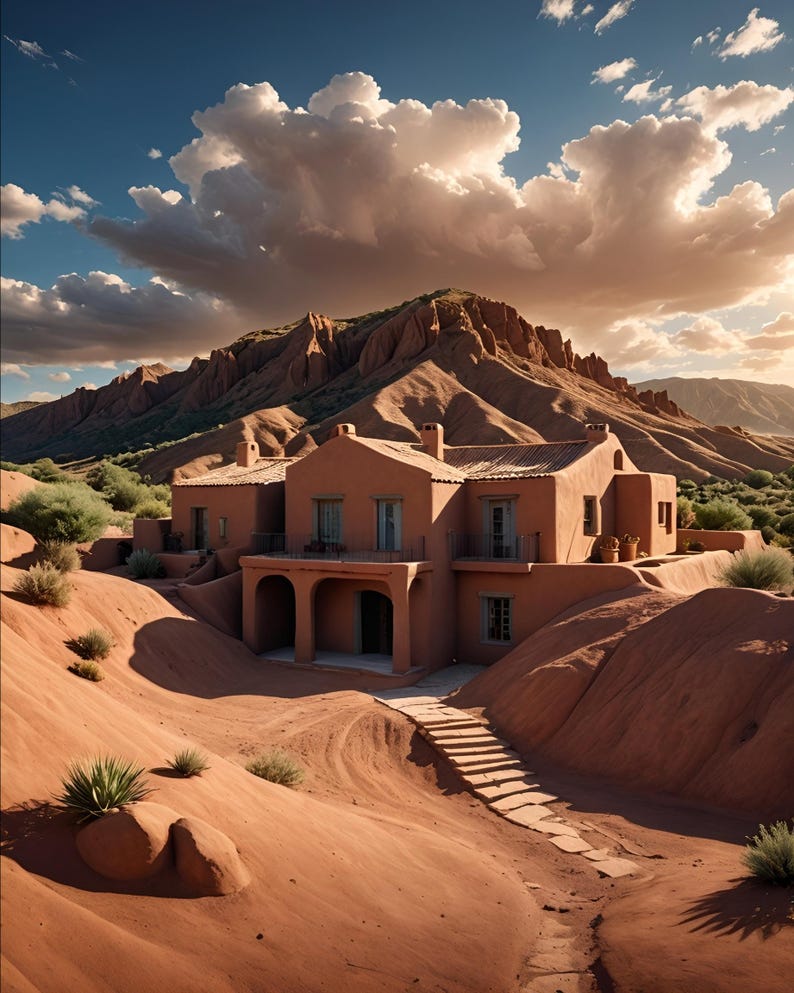 May include: A terracotta-colored house with a tiled roof sits nestled in a desert landscape. The house has a large porch with arches and a set of stairs leading down to the sandy ground. The sky is blue with fluffy white clouds.