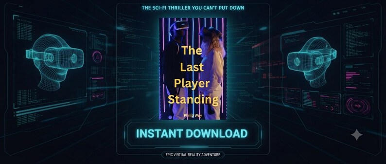 May include: A book cover titled The Last Player Standing by Philip Way, featuring two figures in VR headsets against a neon purple light grid. The design includes the text THE SCI-FI THRILLER YOU CAN'T PUT DOWN, INSTANT DOWNLOAD, and EPIC VIRTUAL REALITY ADVENTURE.
