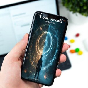 May include: A black smartphone displays a digital art image with a silhouetted figure and the text "Court Dreamer: A Journey of the Ages." The phone is held in a hand, with a blurred background of a laptop and greenery.