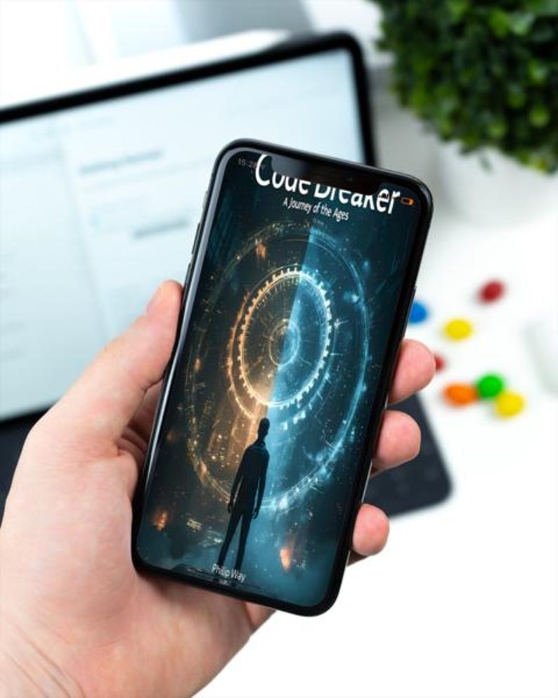 May include: A black smartphone displays a digital art image with a silhouetted figure and the text "Court Dreamer: A Journey of the Ages." The phone is held in a hand, with a blurred background of a laptop and greenery.