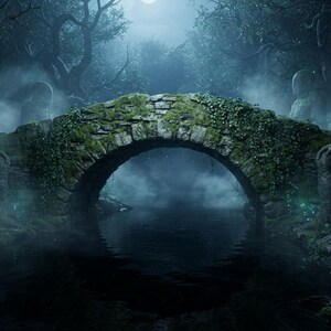 May include: A stone arch bridge spans a dark, misty river in a forest setting. Two large, moss-covered humanoid statues sit on either side of the bridge. The scene is illuminated by a soft, ethereal glow and small, floating light particles.