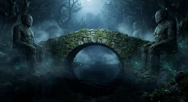May include: A stone arch bridge spans a dark, misty river in a forest setting. Two large, moss-covered humanoid statues sit on either side of the bridge. The scene is illuminated by a soft, ethereal glow and small, floating light particles.