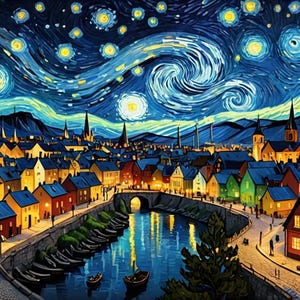 Pu&ograve; includere: Un dipinto di una piccola citt&agrave; di notte con un cielo stellato. Il cielo &egrave; blu vorticoso con stelle gialle e una luna crescente. La citt&agrave; &egrave; illuminata da luci gialle e un fiume la attraversa.