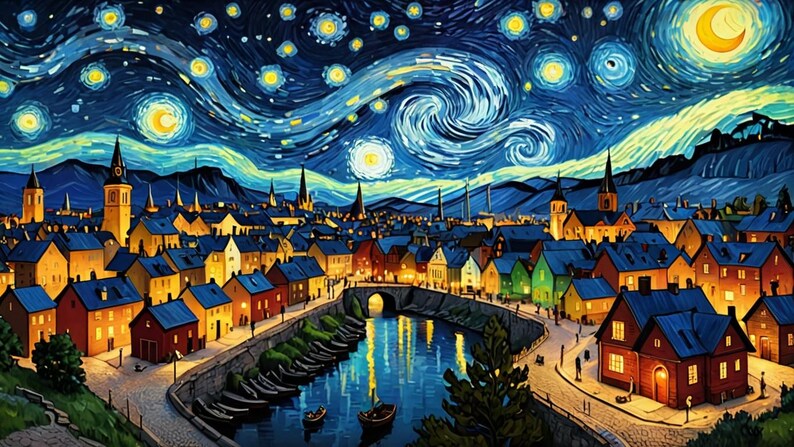 Pu&ograve; includere: Un dipinto di una piccola citt&agrave; di notte con un cielo stellato. Il cielo &egrave; blu vorticoso con stelle gialle e una luna crescente. La citt&agrave; &egrave; illuminata da luci gialle e un fiume la attraversa.