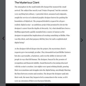 Op de afbeelding: Een digitale pagina uit een boek met de titel "Hoofdstuk 1: De Commissie" en de ondertitel "De Mysterieuze Cli&euml;nt". De tekst beschrijft het werk van een grafisch ontwerper aan een digitaal avatarproject. De titel van het boek is "Avatar of Deceit."