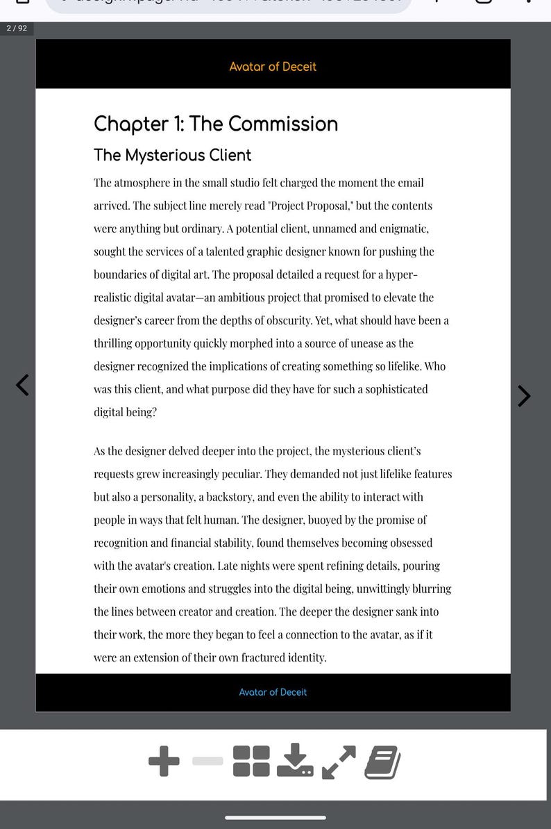 Op de afbeelding: Een digitale pagina uit een boek met de titel "Hoofdstuk 1: De Commissie" en de ondertitel "De Mysterieuze Cli&euml;nt". De tekst beschrijft het werk van een grafisch ontwerper aan een digitaal avatarproject. De titel van het boek is "Avatar of Deceit."