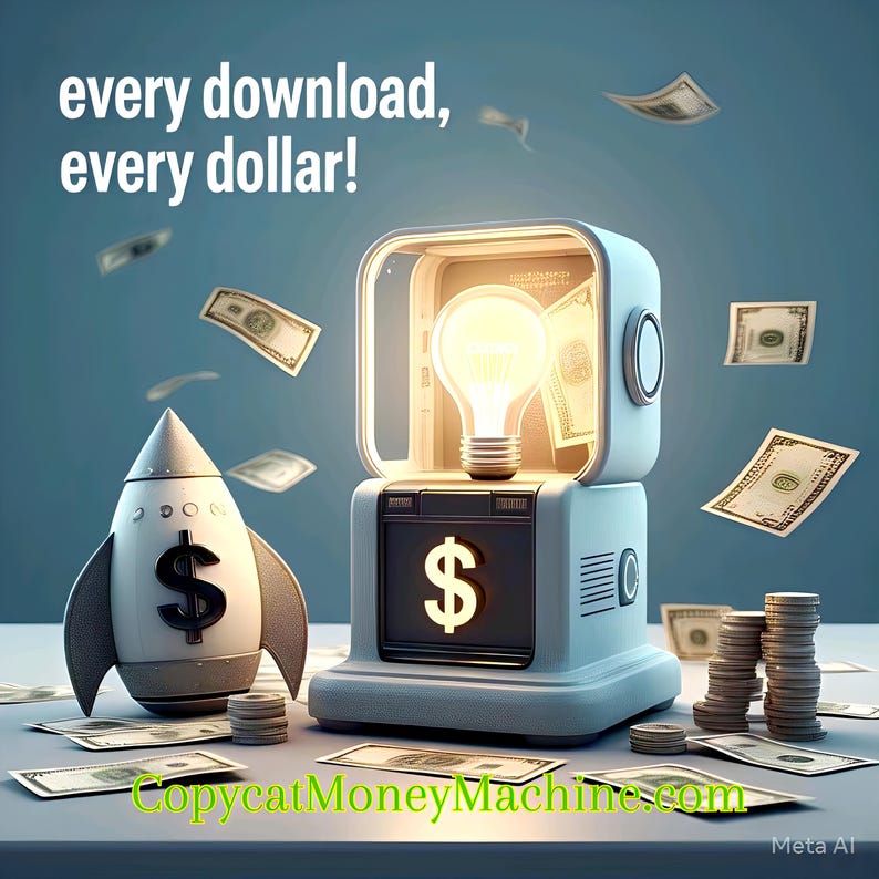 May include: A white rocket with a dollar sign on it, a light blue box with a light bulb and a dollar sign, and dollar bills falling from the sky. The text "every download, every dollar!" is at the top of the image. The text "Copycat Money Machine.com" is at the bottom of the image.