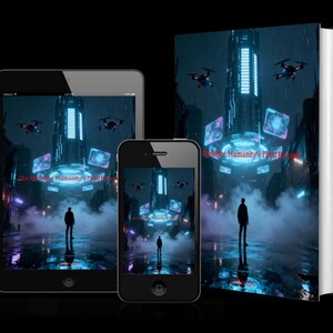 K&ouml;nnte beinhalten: Ein Buch, ein Tablet und ein Smartphone zeigen eine futuristische Stadtlandschaft mit Drohnen und einer einzelnen Figur. Das Buchcover und die Bildschirme zeigen dasselbe Bild mit dem Titel "The End Behind Humanity's Past Future". Die Szene ist dunkel mit neonblauer und violetter Beleuchtung.