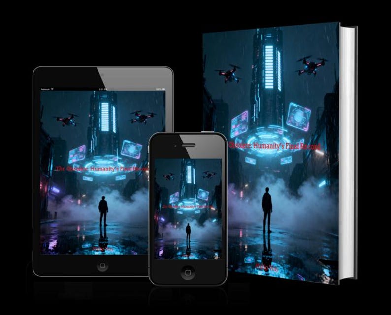 K&ouml;nnte beinhalten: Ein Buch, ein Tablet und ein Smartphone zeigen eine futuristische Stadtlandschaft mit Drohnen und einer einzelnen Figur. Das Buchcover und die Bildschirme zeigen dasselbe Bild mit dem Titel "The End Behind Humanity's Past Future". Die Szene ist dunkel mit neonblauer und violetter Beleuchtung.
