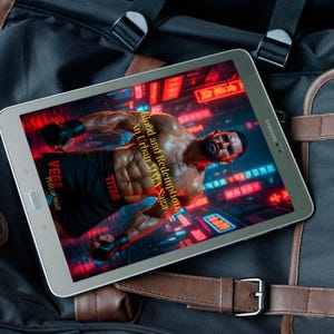Może przedstawiać: Srebrny tablet Samsung wyświetlający okładkę książki z umięśnionym mężczyzną w rękawicach bokserskich na tle neonowego krajobrazu miejskiego. Tytuł książki to "Blood and Redemption: An Urban MMA Saga."