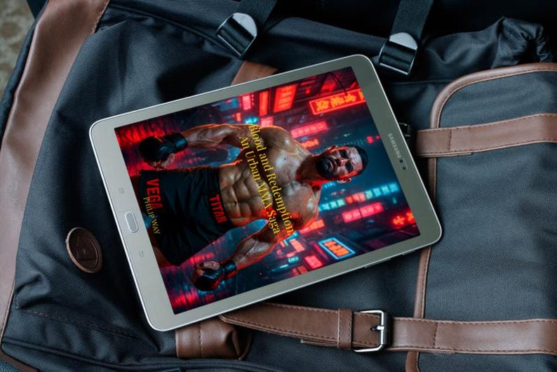 Może przedstawiać: Srebrny tablet Samsung wyświetlający okładkę książki z umięśnionym mężczyzną w rękawicach bokserskich na tle neonowego krajobrazu miejskiego. Tytuł książki to "Blood and Redemption: An Urban MMA Saga."