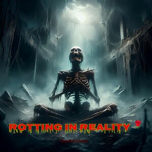 May include: Digital artwork showing a skeletal figure in a meditative pose, set against a dark, decaying architectural backdrop. The text "ROTTING IN REALITY" is displayed in a dripping, green-outlined font. A red rose is in the lower right corner.