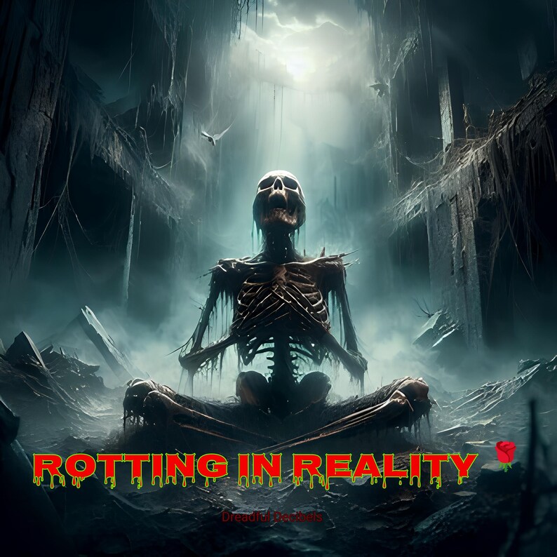 May include: Digital artwork showing a skeletal figure in a meditative pose, set against a dark, decaying architectural backdrop. The text "ROTTING IN REALITY" is displayed in a dripping, green-outlined font. A red rose is in the lower right corner.