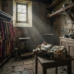 May include: A stone room with a rack of red and gold liturgical vestments, a wooden table holding an open, weathered book, and a wooden cabinet displaying metal chalices and a crucifix under a window with light streaming through the dust.
