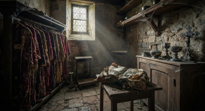 May include: A stone room with a rack of red and gold liturgical vestments, a wooden table holding an open, weathered book, and a wooden cabinet displaying metal chalices and a crucifix under a window with light streaming through the dust.