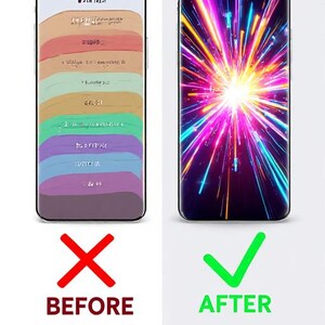 May include: Image comparing two smartphone screens. The "Before" screen shows a list of colorful text blocks, while the "After" screen displays a vibrant, colorful explosion. Text at the bottom reads "40 READY PROMPTS INCLUDED."