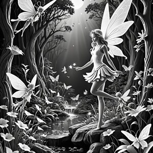 May include: A black and white illustration of a fairy with wings standing on a rock by a stream in a forest. The fairy is holding a glowing star in her hand. There are other fairies and butterflies flying around her.