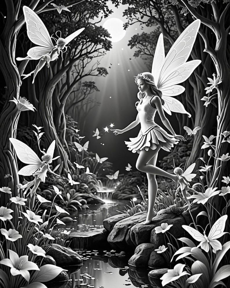 May include: A black and white illustration of a fairy with wings standing on a rock by a stream in a forest. The fairy is holding a glowing star in her hand. There are other fairies and butterflies flying around her.