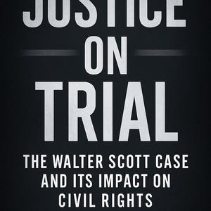 May include: A book cover with the title "JUSTICE ON TRIAL" in large white letters. Below, the text reads "THE WALTER SCOTT CASE AND ITS IMPACT ON CIVIL RIGHTS" and the author's name, "PHILIP WAY", is at the bottom. The background is black.