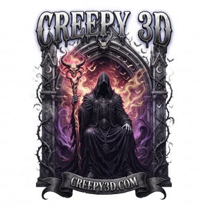 Pu&ograve; includere: Un'illustrazione grafica con il testo CREEPY 3D in alto e CREEPY3D.COM su uno stendardo in basso. Una figura incappucciata in abiti neri siede su un trono, tenendo un bastone sormontato da un teschio cornuto, circondata da fiamme viola e pipistrelli.