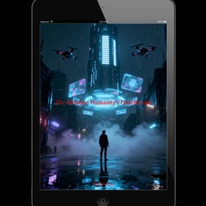 K&ouml;nnte beinhalten: Ein iPad zeigt eine futuristische Stadtlandschaft mit einer einzelnen Figur, Drohnen und Neonlichtern. Das Bild enth&auml;lt den Text "The Obsolete Humanity's Final Resort" und den Namen des K&uuml;nstlers. Die Szene spielt in einer dunklen, regnerischen Umgebung.