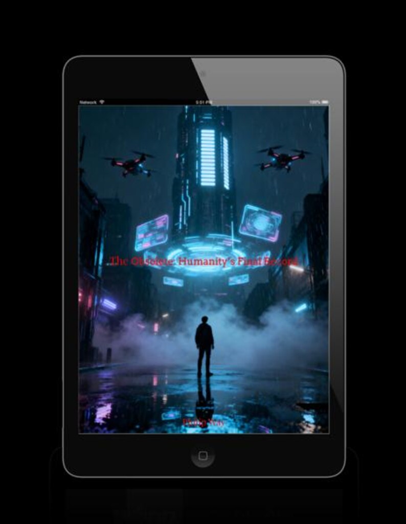 K&ouml;nnte beinhalten: Ein iPad zeigt eine futuristische Stadtlandschaft mit einer einzelnen Figur, Drohnen und Neonlichtern. Das Bild enth&auml;lt den Text "The Obsolete Humanity's Final Resort" und den Namen des K&uuml;nstlers. Die Szene spielt in einer dunklen, regnerischen Umgebung.