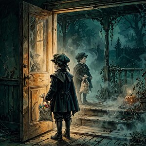 May include: Two children in dark vintage-style coats and caps stand at an open wooden doorway. Each child holds a light-colored fabric bag filled with colorful items. The scene is set at night with a glowing jack-o'-lantern on the porch.