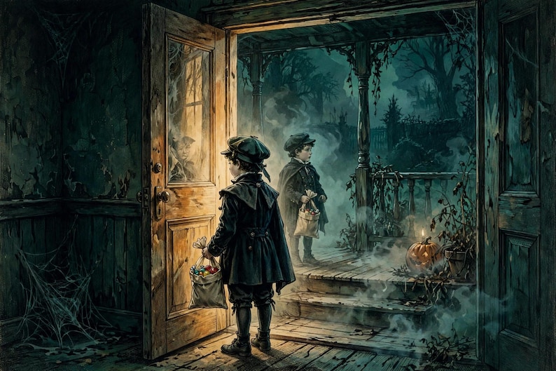 May include: Two children in dark vintage-style coats and caps stand at an open wooden doorway. Each child holds a light-colored fabric bag filled with colorful items. The scene is set at night with a glowing jack-o'-lantern on the porch.