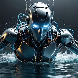 K&ouml;nnte beinhalten: Ein silberner Roboter mit blau leuchtenden Augen schwimmt durch das Wasser. Der Roboter ist aus Metall und hat ein elegantes, futuristisches Design.