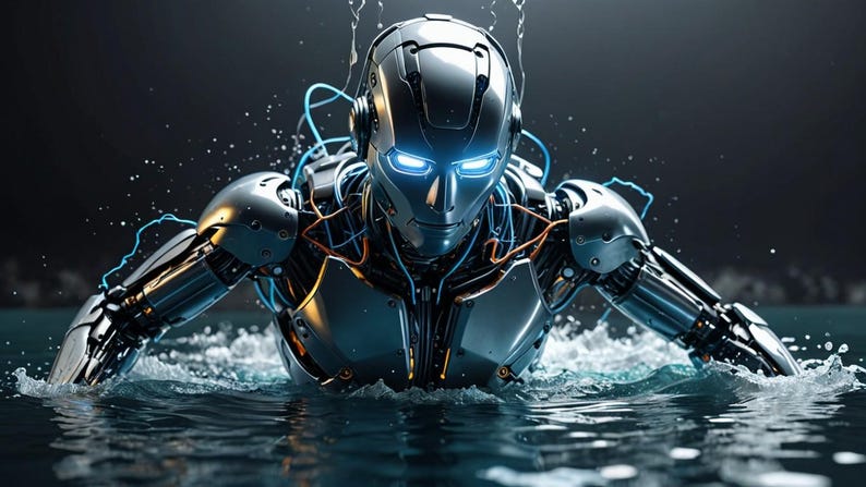 K&ouml;nnte beinhalten: Ein silberner Roboter mit blau leuchtenden Augen schwimmt durch das Wasser. Der Roboter ist aus Metall und hat ein elegantes, futuristisches Design.