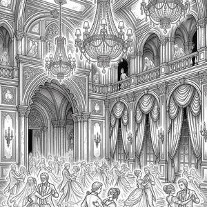 May include: A black and white line art illustration of a grand ballroom scene featuring multiple couples in formal attire and masks dancing on a wooden floor. The room has high arched ceilings, ornate chandeliers, and draped curtains.