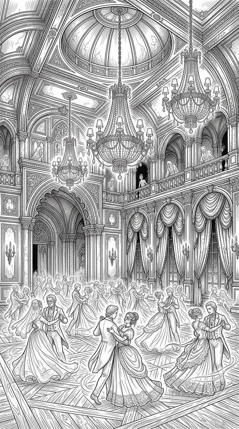 May include: A black and white line art illustration of a grand ballroom scene featuring multiple couples in formal attire and masks dancing on a wooden floor. The room has high arched ceilings, ornate chandeliers, and draped curtains.