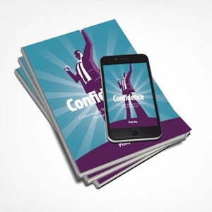 May include: A stack of books and a smartphone featuring the word "Confidence" and an illustration of a person with their arm raised. The books have a teal and purple cover design with the same illustration. The smartphone is black.