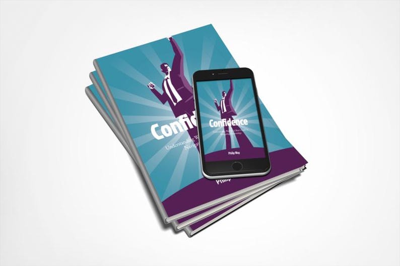 May include: A stack of books and a smartphone featuring the word "Confidence" and an illustration of a person with their arm raised. The books have a teal and purple cover design with the same illustration. The smartphone is black.