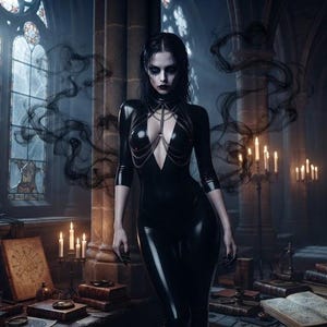 May include: A person with dark hair and pale skin wears a tight, black, long-sleeved latex bodysuit with a deep V-neckline and a thin chain harness. Wisps of black smoke surround the figure in a dimly lit room with candles and old books.