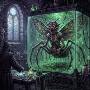 May include: A dark laboratory scene featuring a hooded figure standing at a wooden table with metal tools. A large glass tank filled with glowing green liquid contains a multi-eyed, winged insectoid creature with a skeletal torso and long legs.