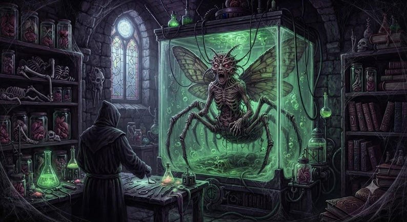 May include: A dark laboratory scene featuring a hooded figure standing at a wooden table with metal tools. A large glass tank filled with glowing green liquid contains a multi-eyed, winged insectoid creature with a skeletal torso and long legs.
